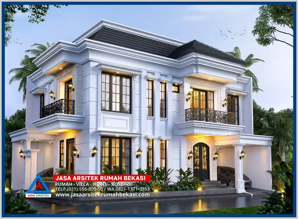 Gambar Rumah Mewah Tropis Hook 3 Lantai – Desain sudut elegan dengan bukaan lebar, aksen kayu tropis, taman di dua sisi, dan fasad mewah yang memancarkan kesan eksklusif.