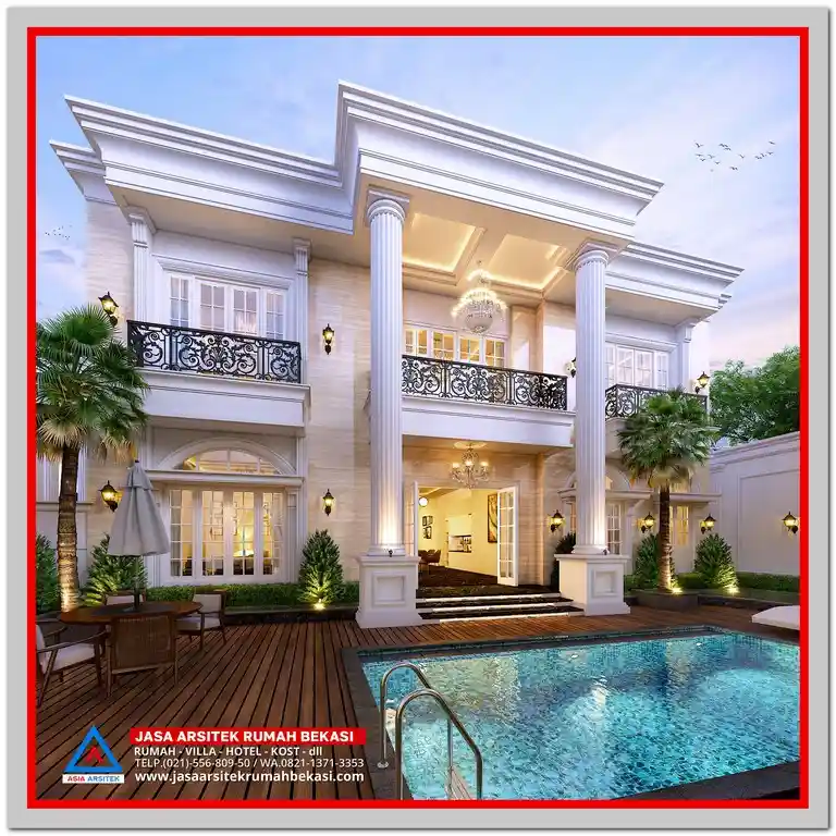 5 Inspirasi Desain Rumah Klasik Terbaik 2025 – Pilihan desain rumah klasik dengan pilar mewah, fasad elegan, dan detail arsitektur khas gaya Eropa