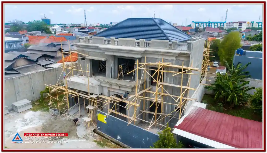 5 Kesalahan Saat Membangun Rumah yang Sering Terjadi di Bekasi – Ilustrasi proyek pembangunan rumah dengan kesalahan umum seperti perencanaan struktur yang kurang matang, pemilihan material tidak tepat, dan kesalahan teknis lainnya.