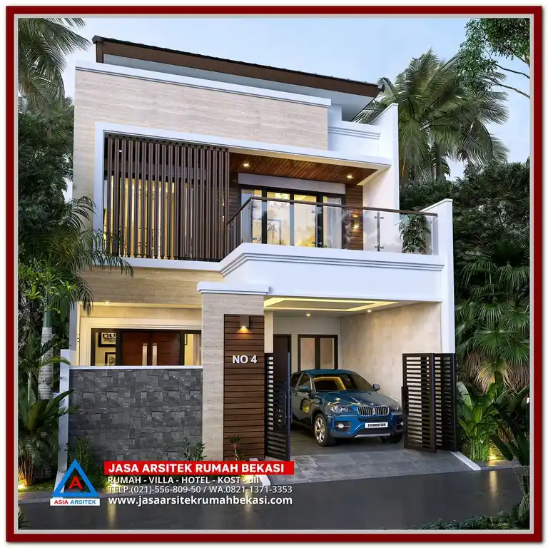 2. Desain Rumah Minimalis Modern 2 Lantai dengan Balkon dan Carport – Hunian dua lantai bergaya simpel dengan fasilitas balkon santai dan carport fungsional untuk keluarga masa kini.