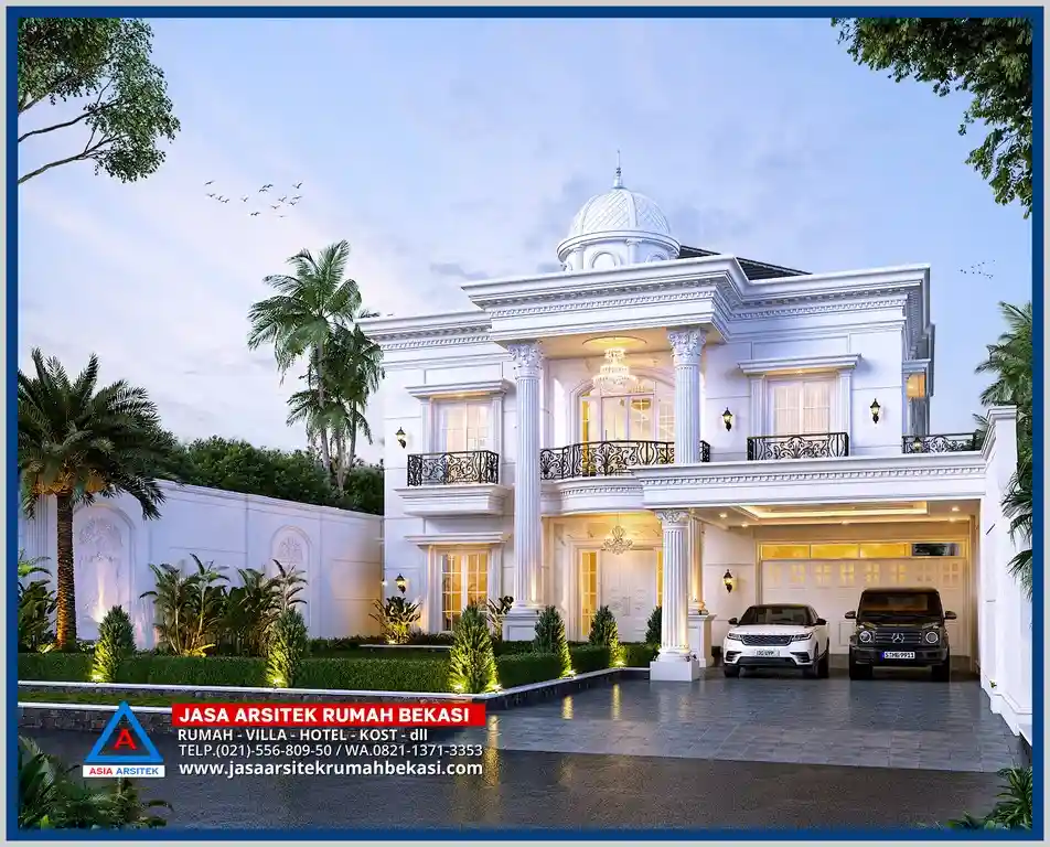 Rumah Klasik Seperti Istana 2 Lantai – Tampilan rumah klasik 2 lantai bergaya istana dengan pilar kokoh, balkon luas, dan fasad simetris berhiaskan detail arsitektur Eropa yang mewah.