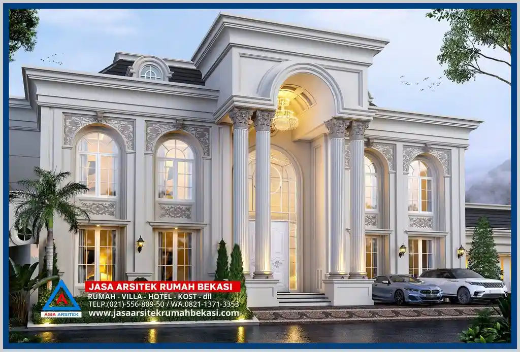 Desain Klasik Eropa 2 Lantai Mewah – Fasad rumah klasik Eropa 2 lantai dengan pilar megah, balkon artistik, dan detail ornamen elegan yang menonjolkan kemewahan arsitektur tradisional.