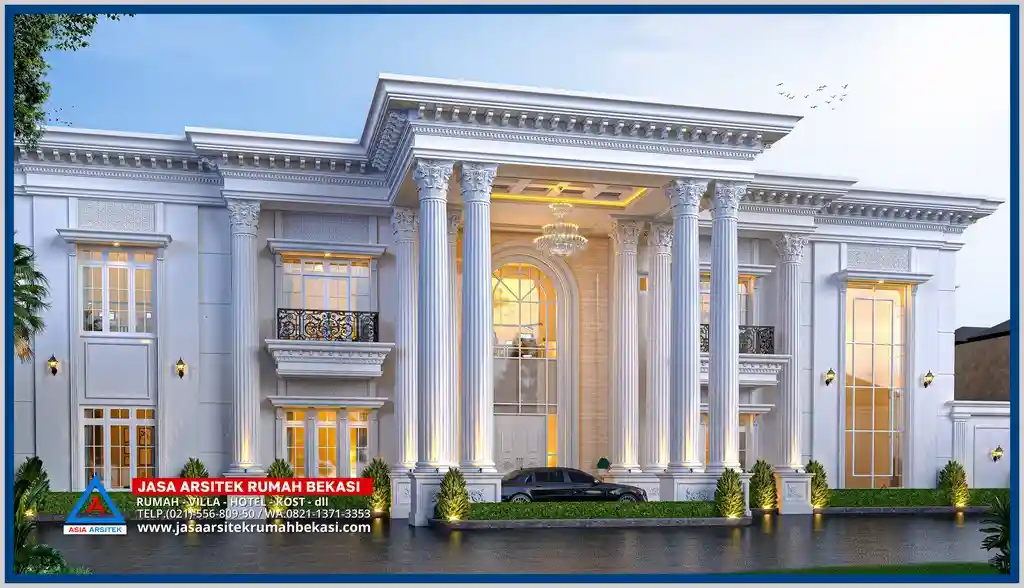 Rumah Istana dengan Kolam Renang Khas Eropa – Hunian megah bergaya istana dengan pilar tinggi, taman elegan, serta kolam renang klasik berbentuk simetris khas arsitektur Eropa.