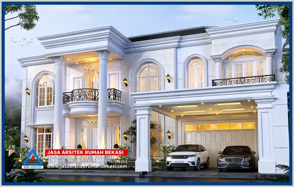 Rumah Klasik Mewah 30x25 Meter – Fasad rumah klasik mewah dengan pilar besar, balkon lebar, dan ornamen detail di lahan 30x25 meter yang mencerminkan kemegahan gaya Eropa klasik.