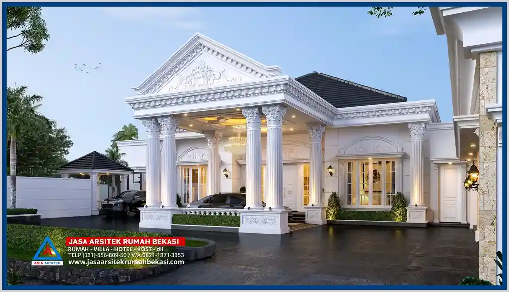 Gambar Istana 1 Lantai 60x46 Meter – Rumah bergaya istana megah dengan dimensi 60x46 meter, fasad klasik elegan, pilar besar, dan tata ruang simetris yang mencerminkan kemewahan arsitektur istana.