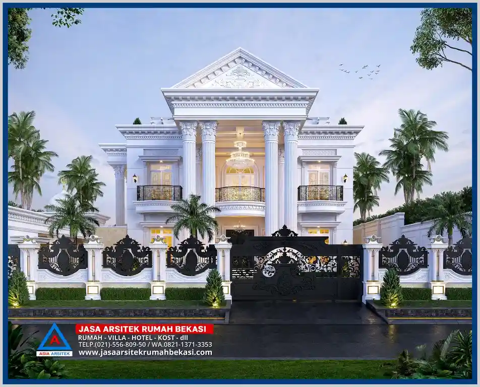 Rumah Mewah Seperti Istana – Tampilan rumah megah bergaya istana dengan pilar tinggi, ornamen detail khas Eropa, serta nuansa elegan yang memancarkan kemewahan dari setiap sudut.