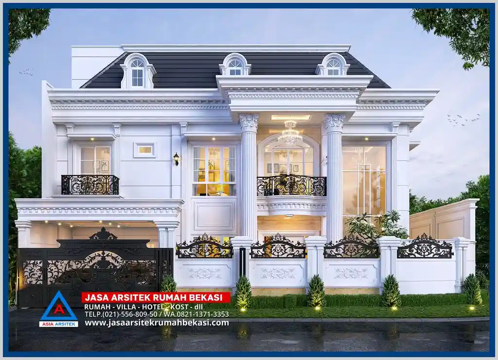 Rumah Klasik Eropa Seperti Istana – Fasad rumah klasik bergaya Eropa dengan pilar megah, kubah elegan, dan ornamen istana yang mewah di setiap sudut bangunan.