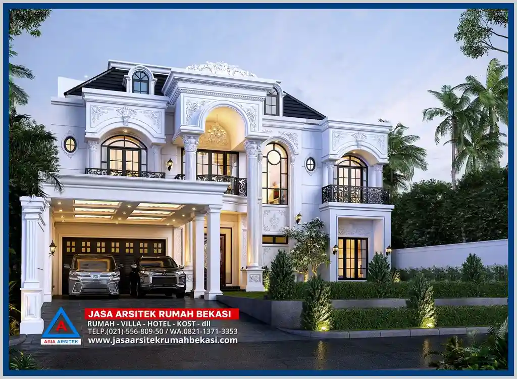 Desain Rumah Istana 3 Lantai – Tampilan rumah bertingkat 3 dengan gaya istana klasik, pilar tinggi, balkon luas, dan ornamen detail mewah yang menonjolkan kesan megah.