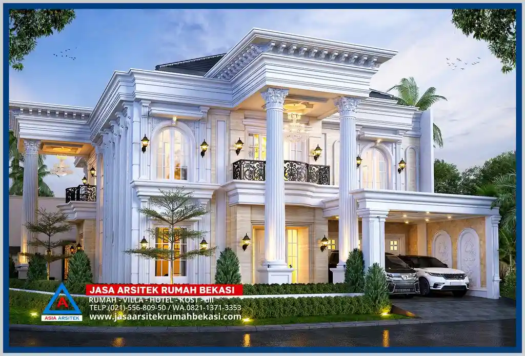 Rumah Klasik Istana Pilar Megah Elegan – Tampilan rumah klasik megah dengan pilar-pilar besar yang elegan, detail ornamen istana, dan fasad simetris yang memancarkan kemewahan.