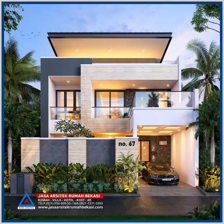 Rumah 2 lantai bergaya modern tropis mewah dengan balkon kaca, carport luas, dan pintu utama kayu solid