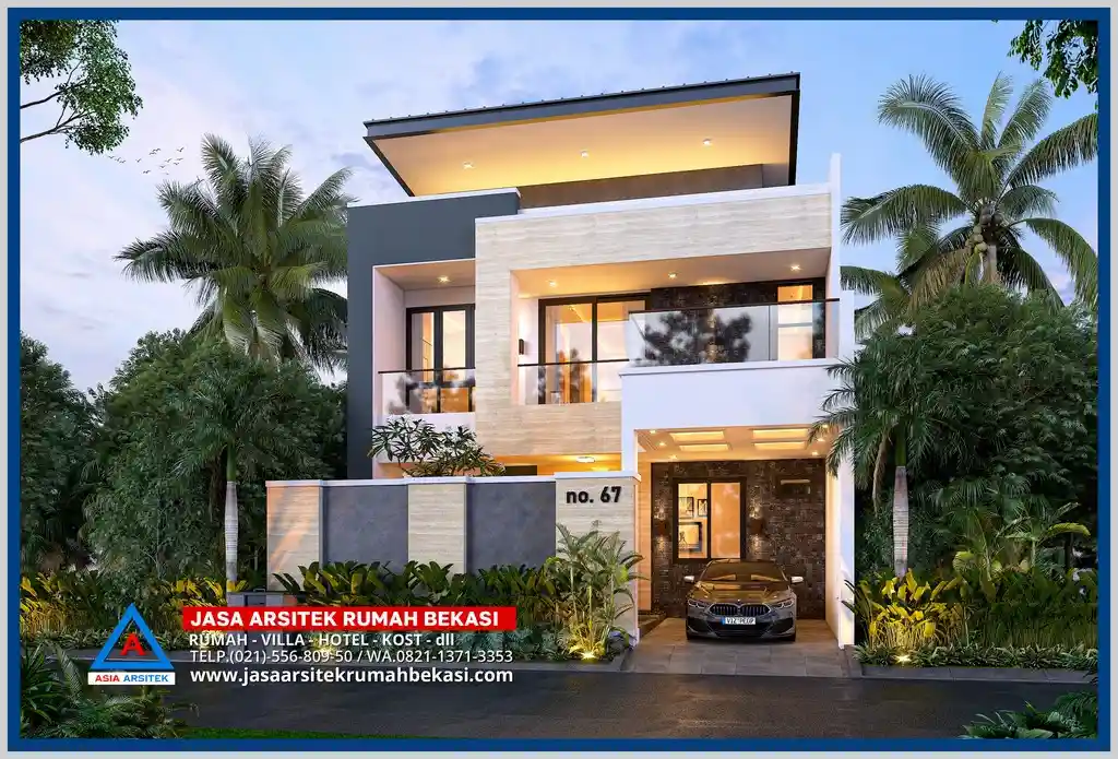 Rumah 2 lantai bergaya modern tropis mewah dengan balkon kaca, carport luas, dan pintu utama kayu solid