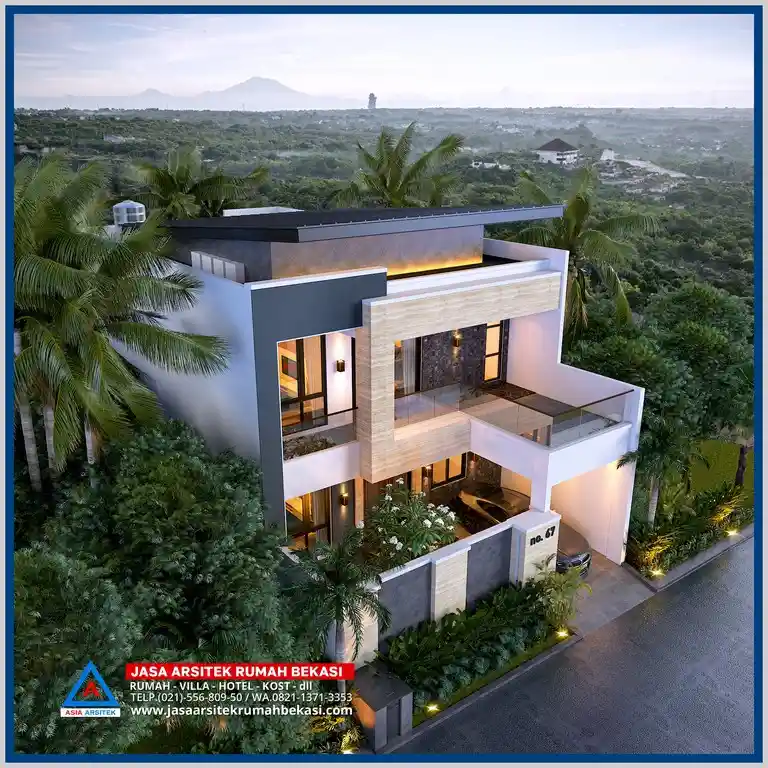 Contoh Desain Rumah Minimalis 2 Lantai dari Arsitek di Bekasi – Tampilan rumah minimalis dengan garis tegas, fasad modern, material elegan, serta pencahayaan alami yang menambah kenyamanan.