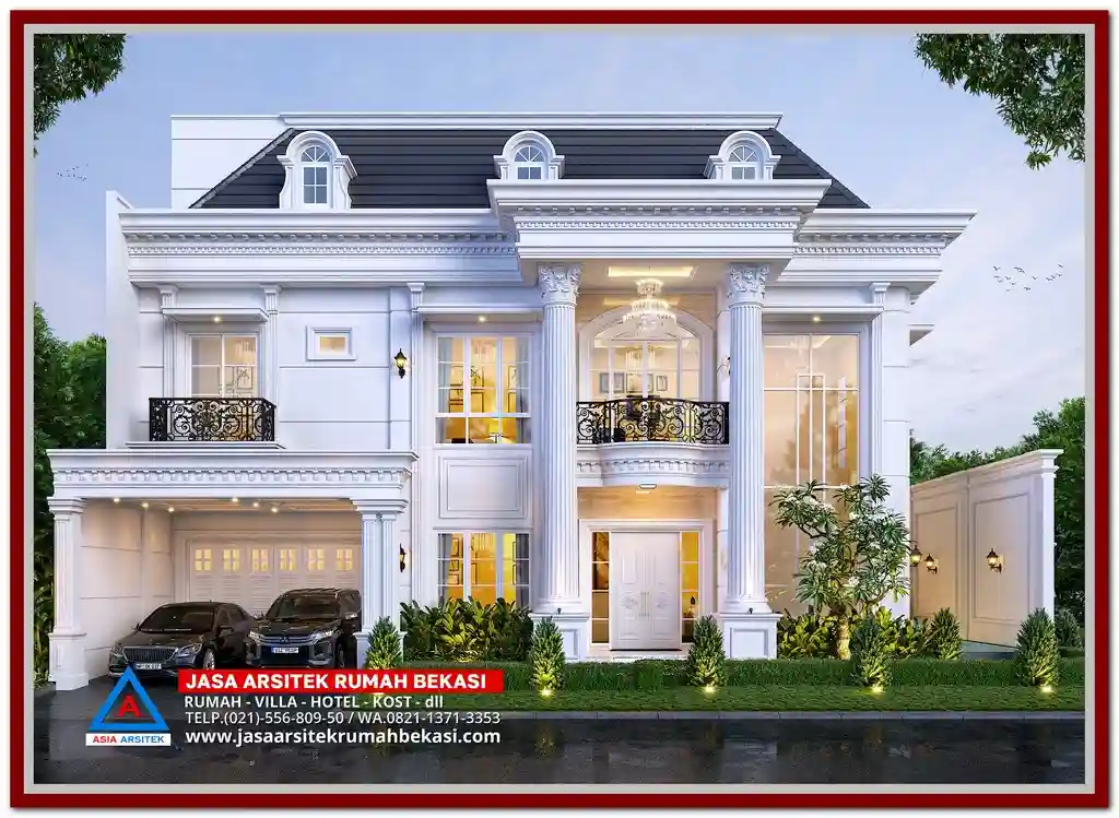 Desain Rumah Klasik Modern 3 Lantai 20x10 m dengan Kolam Renang – Hunian elegan dengan nuansa klasik dan sentuhan modern, dilengkapi kolam renang privat, fasad simetris, serta tata ruang mewah di lahan terbatas