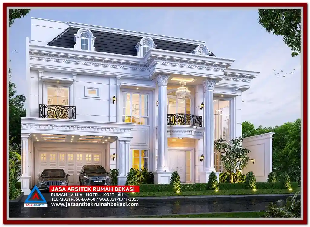 Desain Rumah Klasik Modern 3 Lantai 20x10 m dengan Kolam Renang – Hunian elegan dengan nuansa klasik dan sentuhan modern, dilengkapi kolam renang privat, fasad simetris, serta tata ruang mewah di lahan terbatas