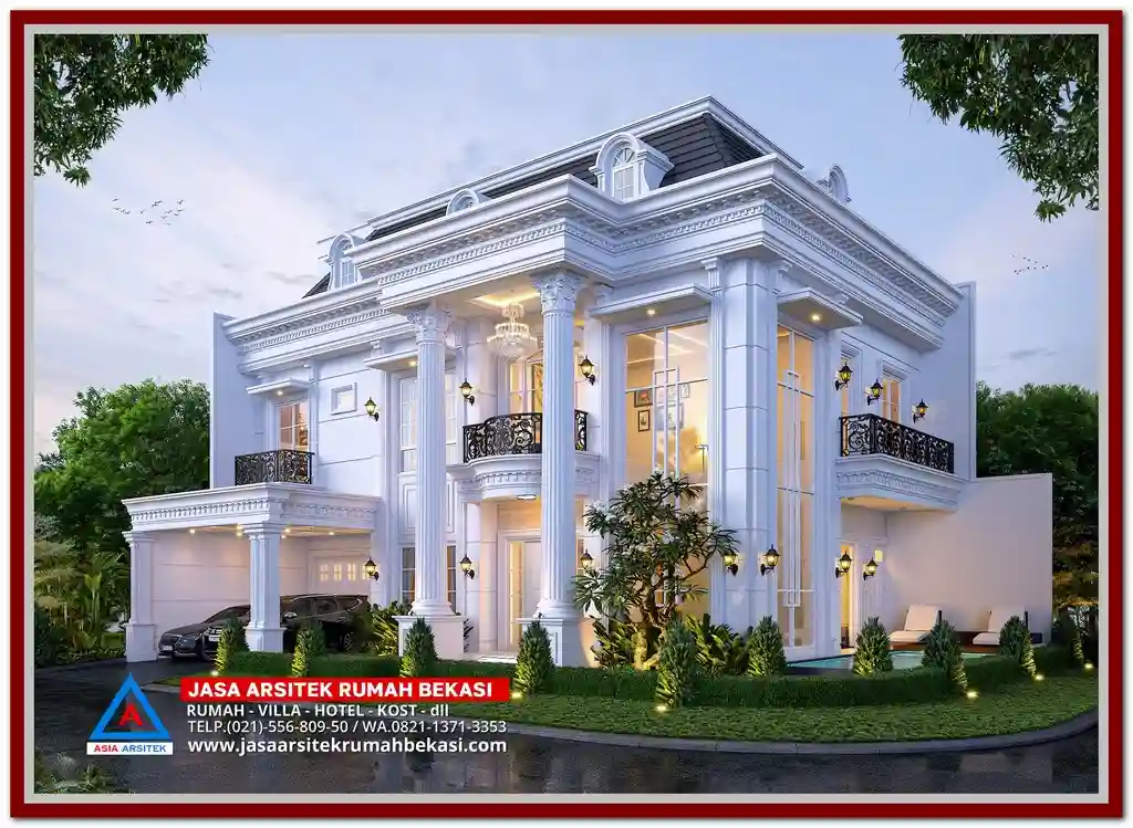Desain Rumah Klasik Modern 3 Lantai 20x10 m dengan Kolam Renang – Hunian elegan dengan nuansa klasik dan sentuhan modern, dilengkapi kolam renang privat, fasad simetris, serta tata ruang mewah di lahan terbatas
