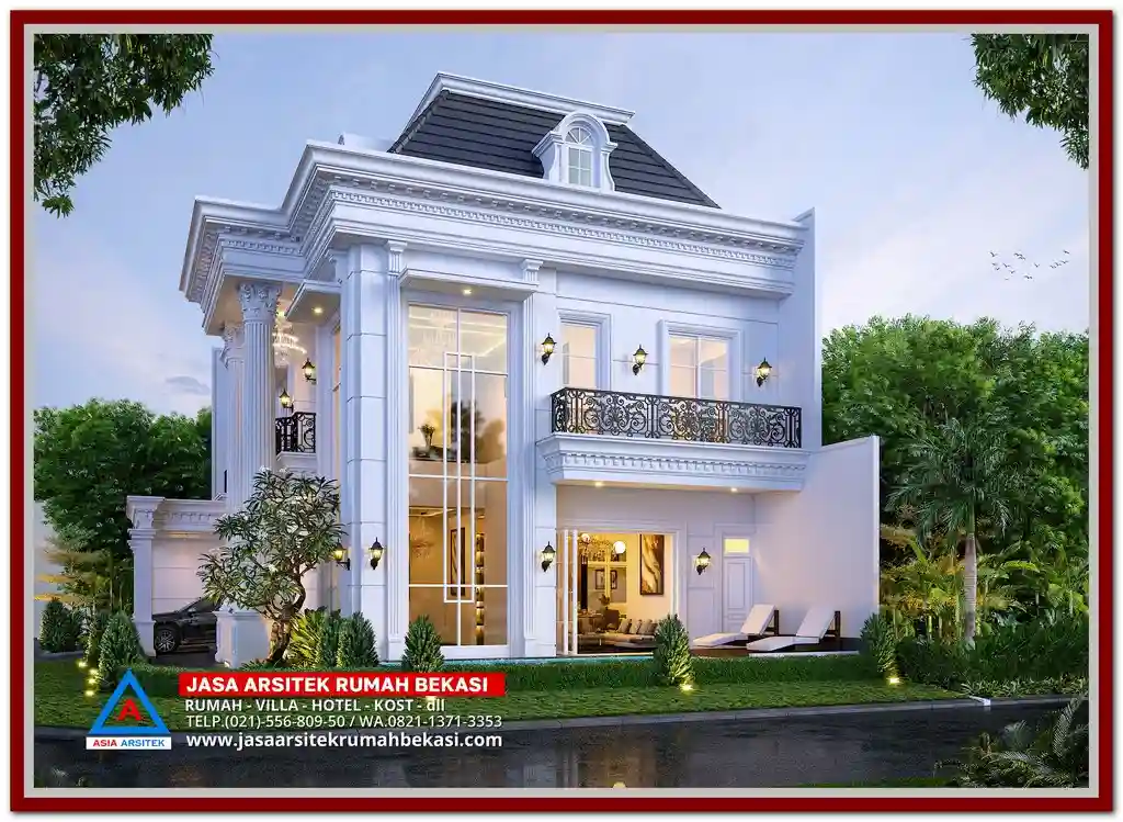 Desain Rumah Klasik Modern 3 Lantai 20x10 m dengan Kolam Renang – Hunian elegan dengan nuansa klasik dan sentuhan modern, dilengkapi kolam renang privat, fasad simetris, serta tata ruang mewah di lahan terbatas