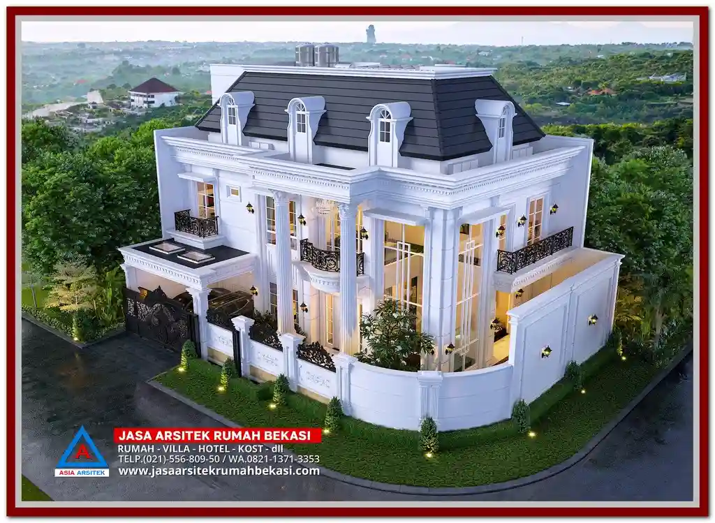Desain Rumah Klasik Modern 3 Lantai 20x10 m dengan Kolam Renang – Hunian elegan dengan nuansa klasik dan sentuhan modern, dilengkapi kolam renang privat, fasad simetris, serta tata ruang mewah di lahan terbatas