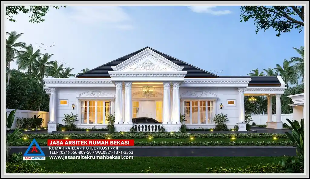 Gambar rumah klasik 1 lantai tampak depan – Fasad megah bergaya Eropa klasik dengan pilar tinggi dan profil lengkung, menampilkan kesan mewah dan elegan untuk hunian di Bekasi.