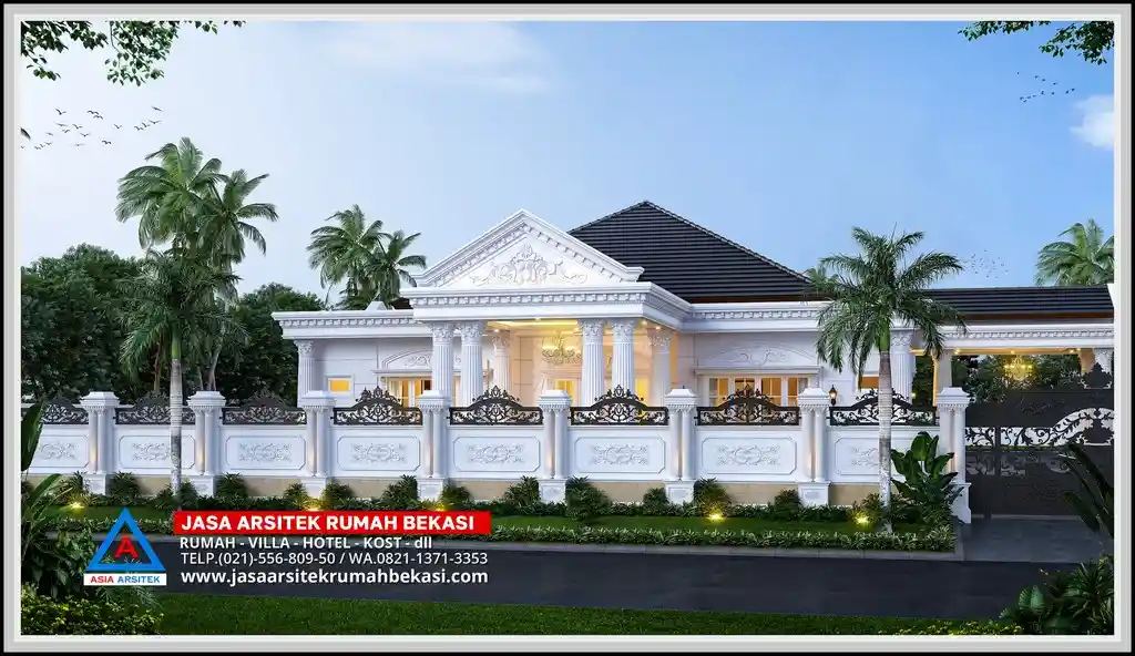 Gambar rumah klasik 1 lantai tampak depan – Fasad megah bergaya Eropa klasik dengan pilar tinggi dan profil lengkung, menampilkan kesan mewah dan elegan untuk hunian di Bekasi.