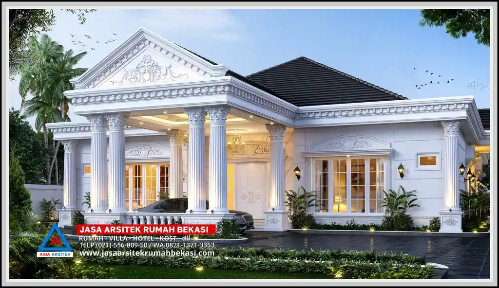 Gambar rumah klasik 1 lantai tampak depan – Fasad megah bergaya Eropa klasik dengan pilar tinggi dan profil lengkung, menampilkan kesan mewah dan elegan untuk hunian di Bekasi.