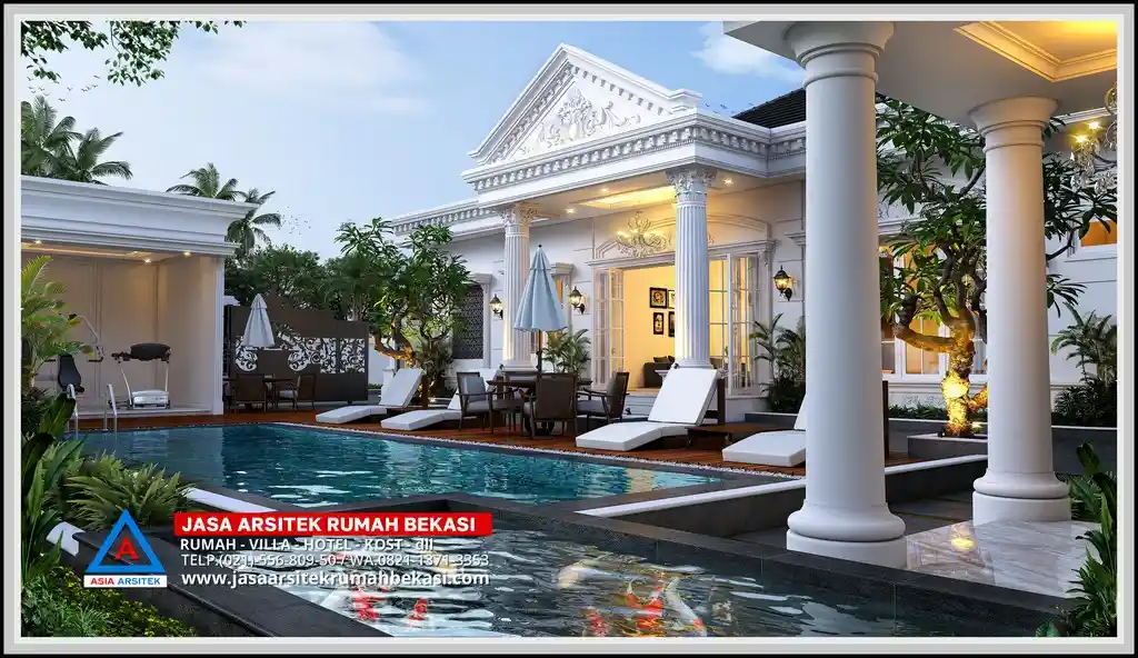 Desain kolam renang rumah klasik mewah – Area kolam elegan dengan finishing natural, dikelilingi oleh bangunan bergaya klasik yang menciptakan suasana resort eksklusif di rumah pribadi.