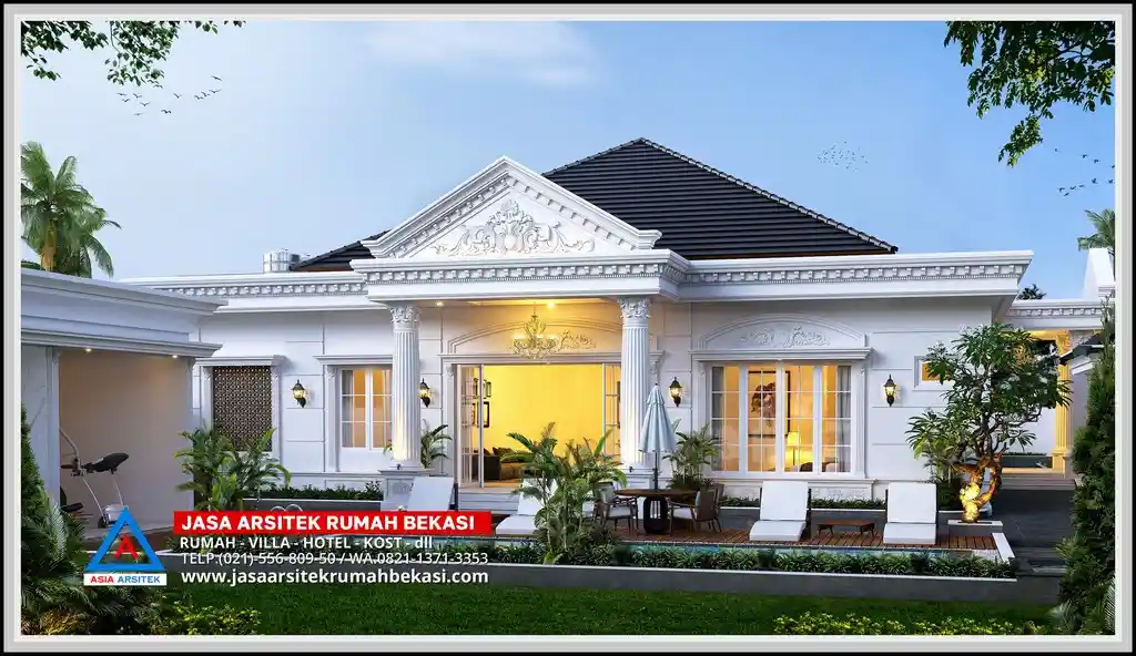 Desain kolam renang rumah klasik mewah – Area kolam elegan dengan finishing natural, dikelilingi oleh bangunan bergaya klasik yang menciptakan suasana resort eksklusif di rumah pribadi.