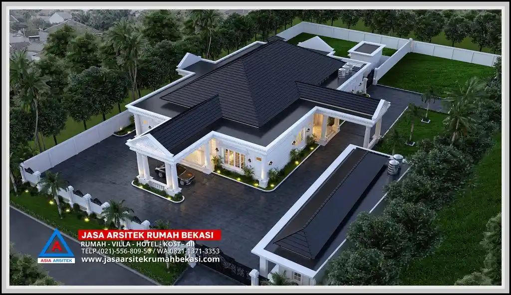 Tampak atas rumah klasik 1 lantai ukuran 38x74 meter – Komposisi siteplan rumah klasik dengan bangunan utama, garasi, kolam renang, dan taman luas di lahan 4.783 m².