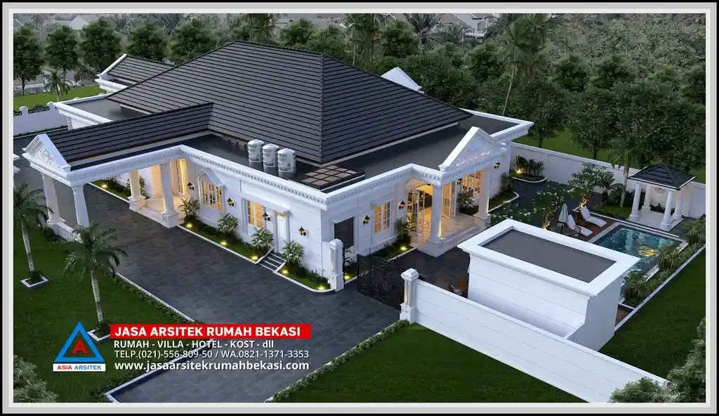Tampak atas rumah klasik 1 lantai ukuran 38x74 meter – Komposisi siteplan rumah klasik dengan bangunan utama, garasi, kolam renang, dan taman luas di lahan 4.783 m².