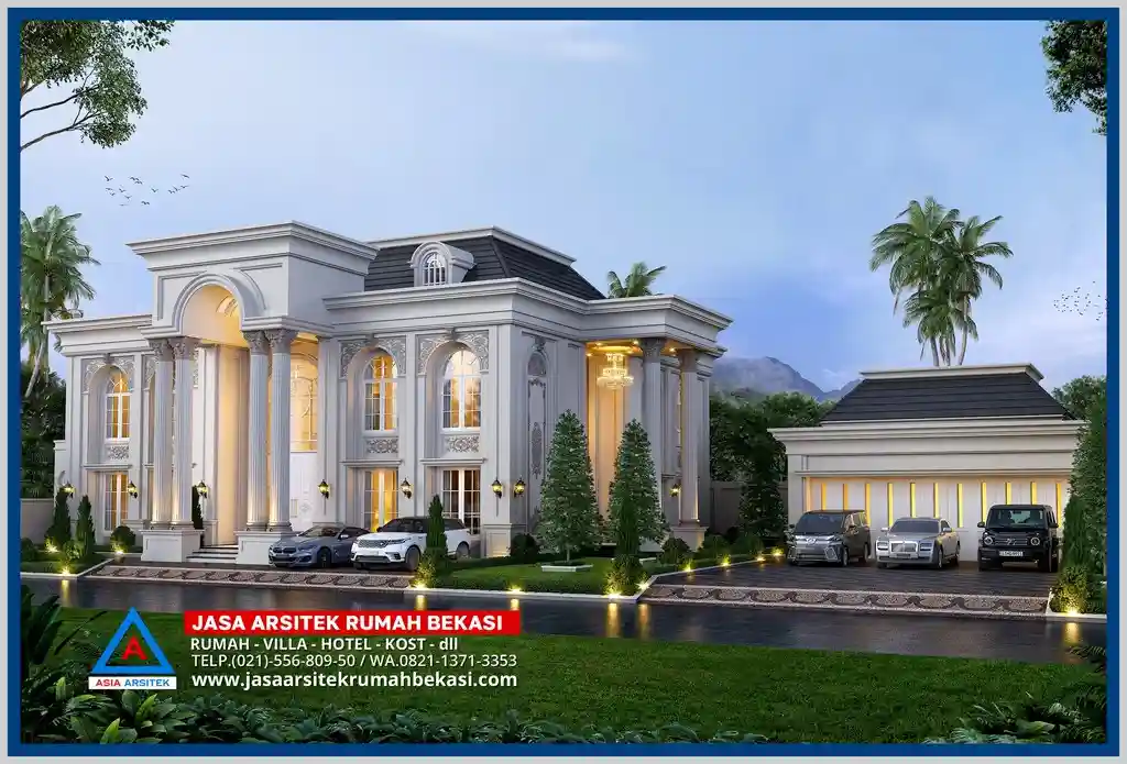 Tampak diagonal rumah klasik modern 2 lantai dengan garasi besar dan ornamen dinding elegan