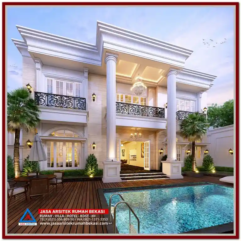 Gambar Rumah Klasik dengan Pilar Megah 45x31 Meter di Bekasi – Kontraktor terpercaya dengan layanan profesional, harga terjangkau, dan hasil berkualitas untuk hunian impian Anda!