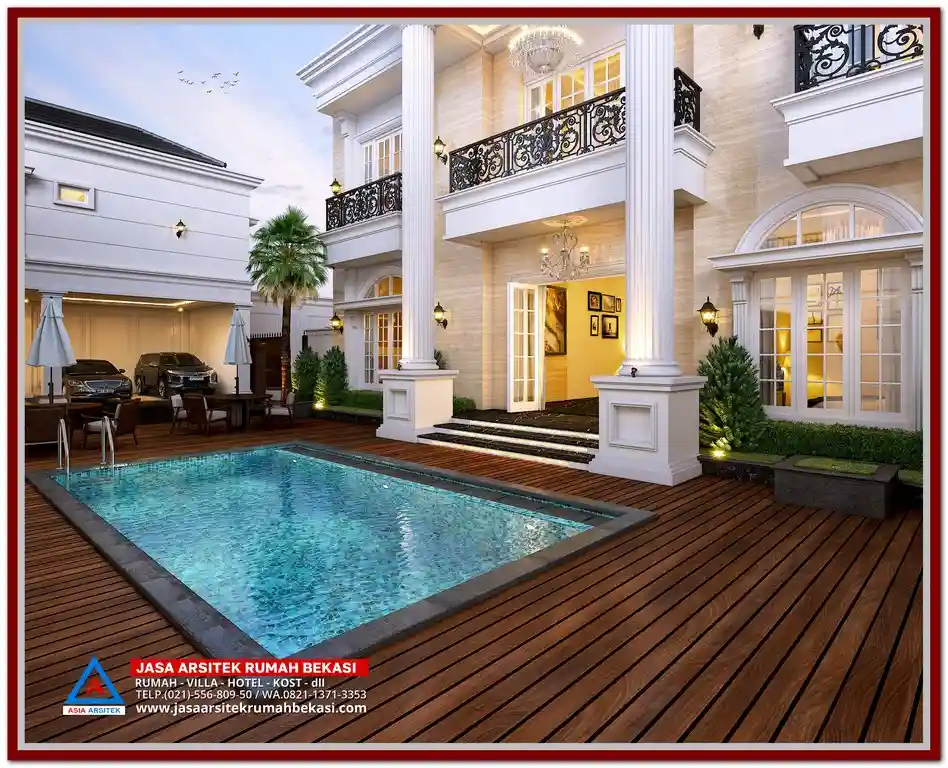 Gambar Rumah Klasik dengan Pilar Megah 45x31 Meter di Bekasi – Kontraktor terpercaya dengan layanan profesional, harga terjangkau, dan hasil berkualitas untuk hunian impian Anda!