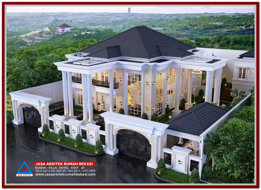 Gambar Rumah Klasik dengan Pilar Megah 45x31 Meter di Bekasi – Kontraktor terpercaya dengan layanan profesional, harga terjangkau, dan hasil berkualitas untuk hunian impian Anda!