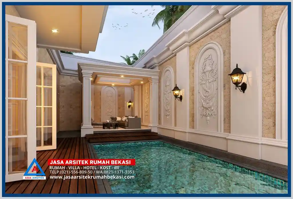 Tampilan belakang rumah klasik dengan elemen balkon lengkung, bukaan besar, dan kolam renang elegan di halaman belakang