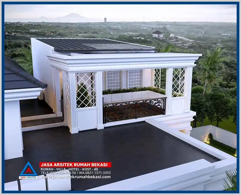Tata letak rumah klasik 3 lantai dari atas dengan taman depan dan belakang pada lahan 19x32 meter