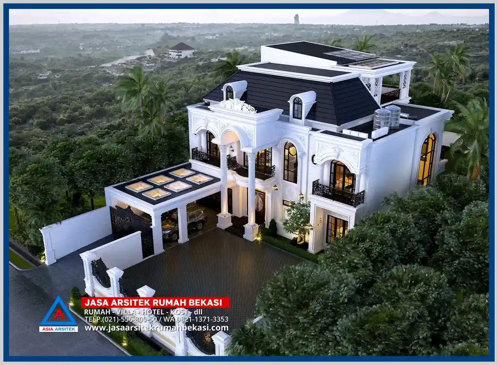 Tata letak rumah klasik 3 lantai dari atas dengan taman depan dan belakang pada lahan 19x32 meter