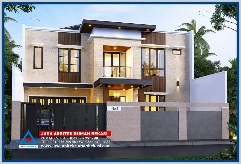 Tampak depan rumah mewah tropis 2 lantai ukuran 15x37 meter dengan desain fasad simetris dan pencahayaan alami di Bekasi Utara