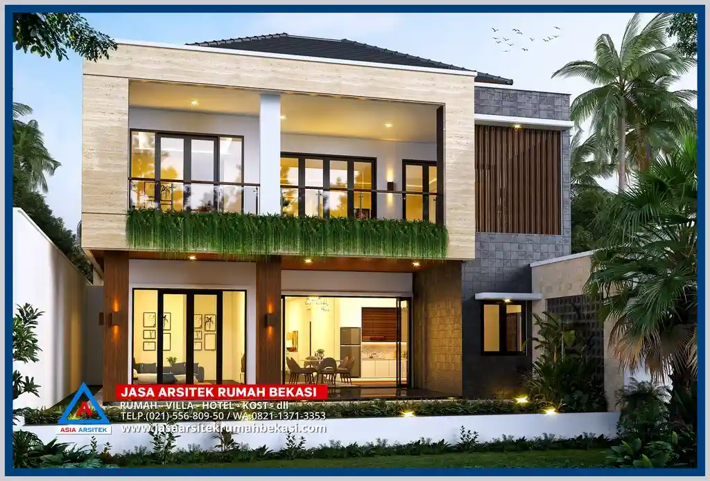Tampak belakang rumah mewah tropis 2 lantai dengan jendela besar, bukaan lebar, dan taman belakang yang asri di lahan 15x37 meter