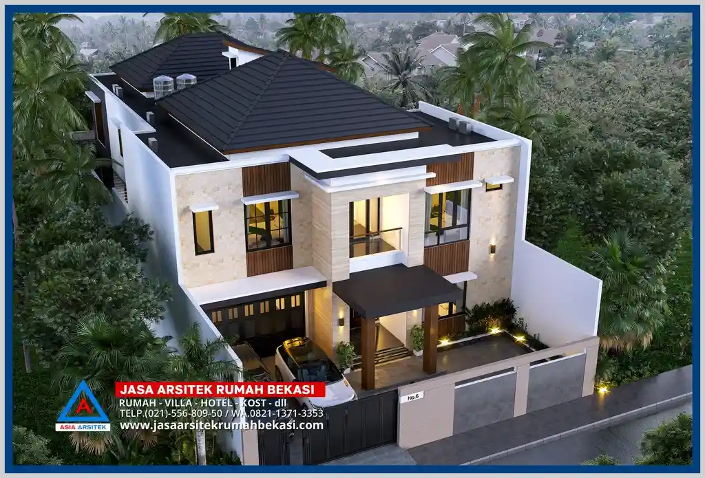 Gambar Rumah Mewah Tropis Terbaik 15x37 di Bekasi Utara – Desain rumah tropis tiga lantai dengan tampilan mewah, pencahayaan alami, dan suasana hangat khas hunian tropis modern.